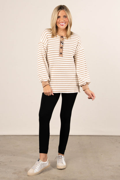 Victoria Striped Jacquard Knit Henley Top