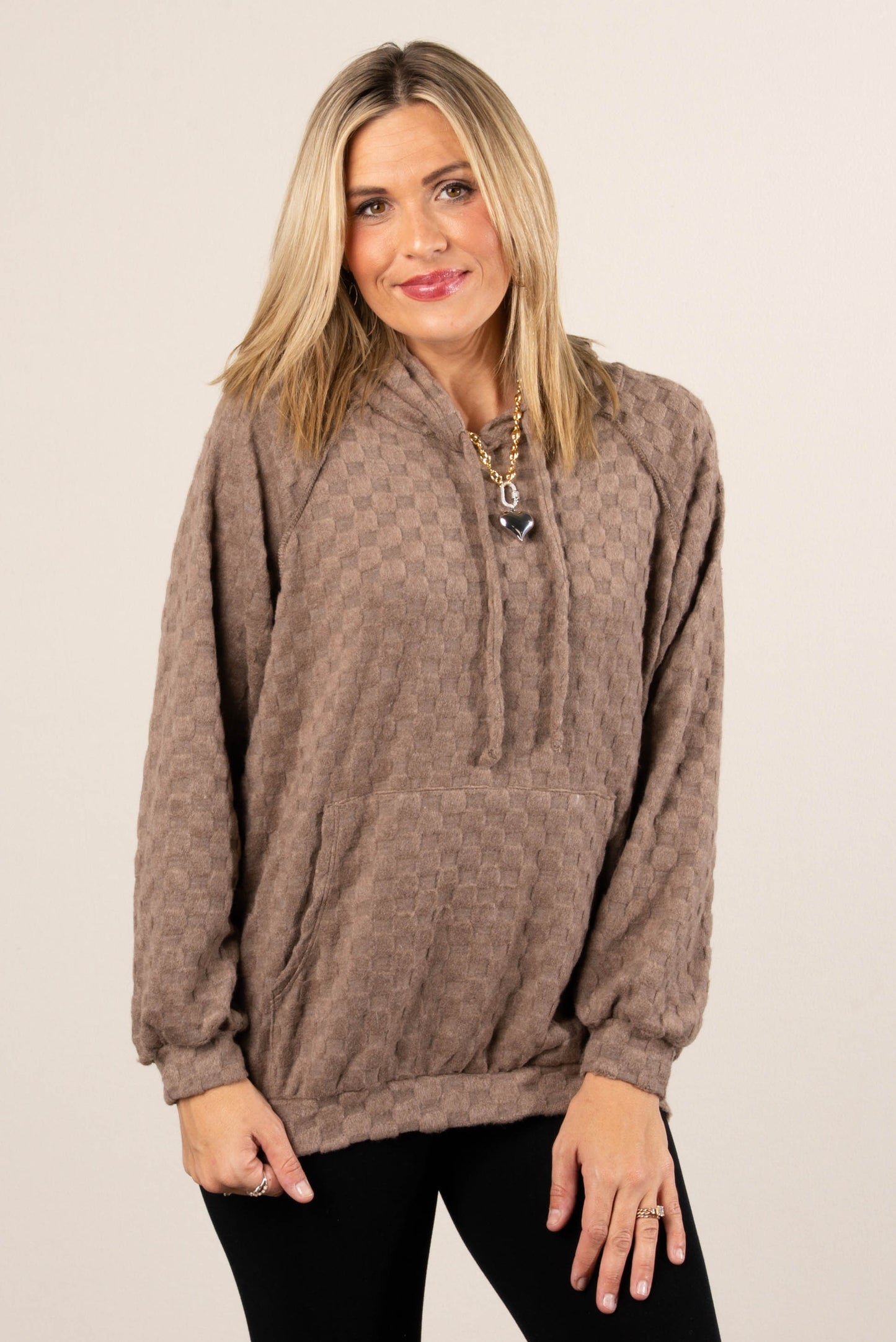 Fall Festival Raised Checkered Knit Hooded Top