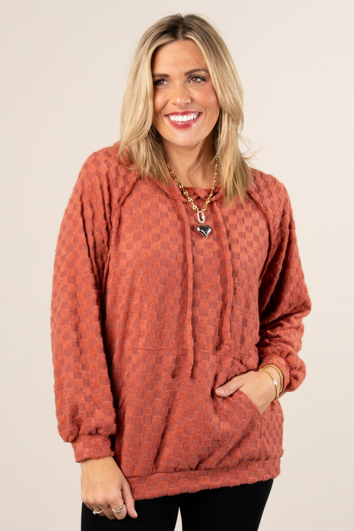 Fall Festival Raised Checkered Knit Hooded Top