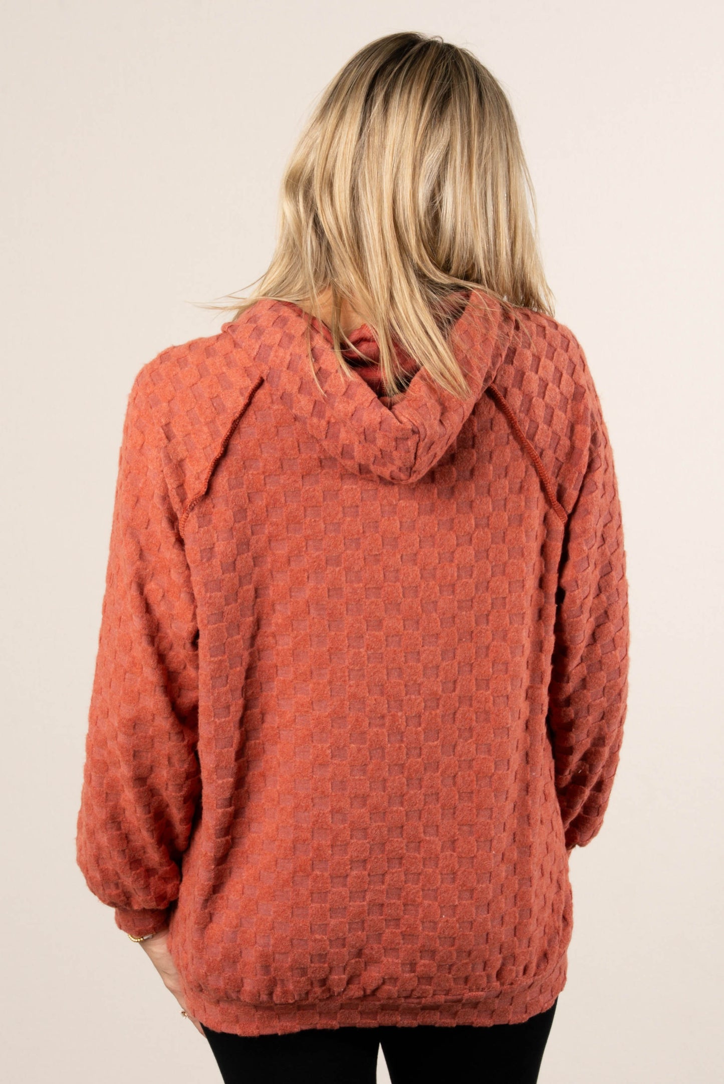 Fall Festival Raised Checkered Knit Hooded Top