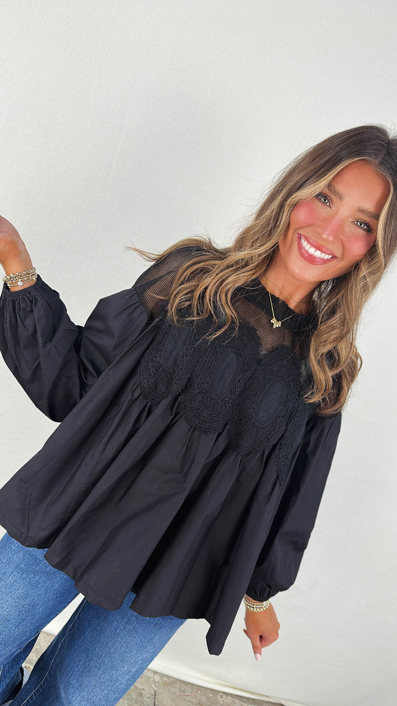 Alena Lace Applique Pleat Neck Blouse