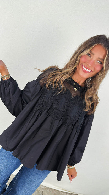 Alena Lace Applique Pleat Neck Blouse