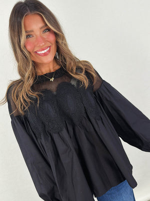 Alena Lace Applique Pleat Neck Blouse