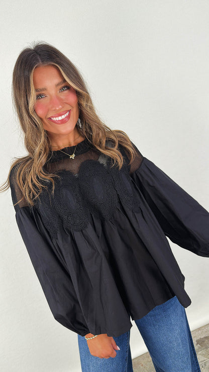 Alena Lace Applique Pleat Neck Blouse