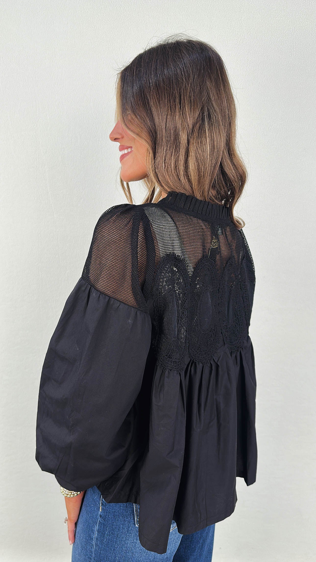 Alena Lace Applique Pleat Neck Blouse