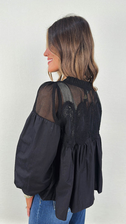 Alena Lace Applique Pleat Neck Blouse