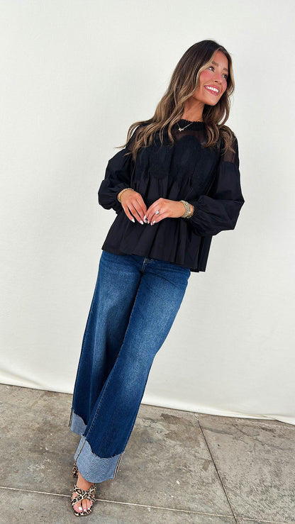 Alena Lace Applique Pleat Neck Blouse