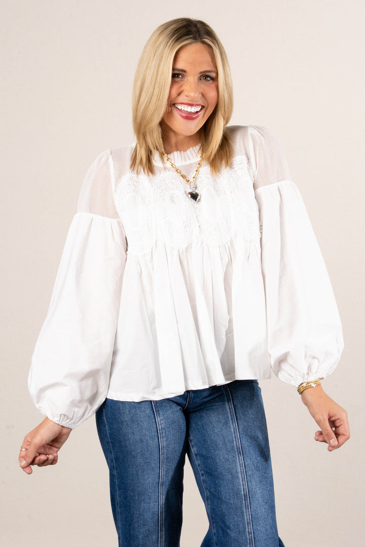 Alena Lace Applique Pleat Neck Blouse