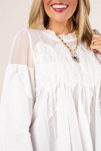 Alena Lace Applique Pleat Neck Blouse