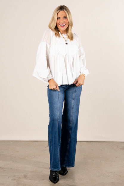 Alena Lace Applique Pleat Neck Blouse
