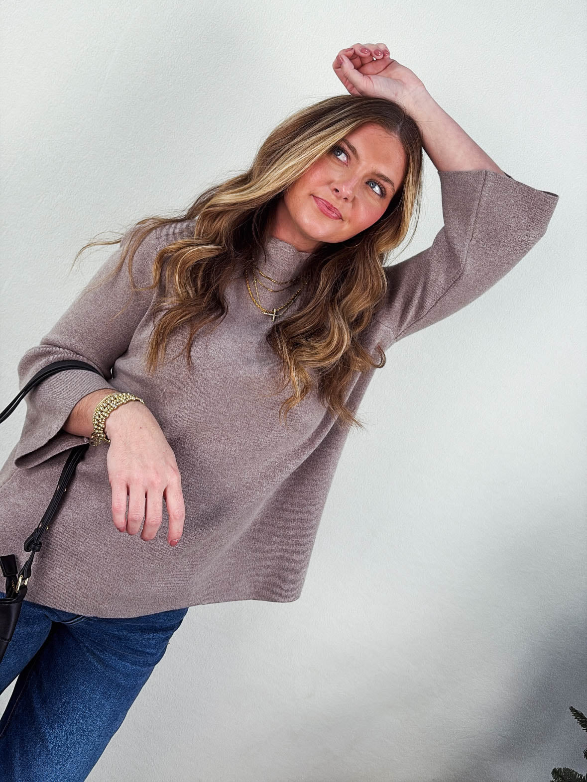 Karina Mock Neck Bell Sleeve Sweater