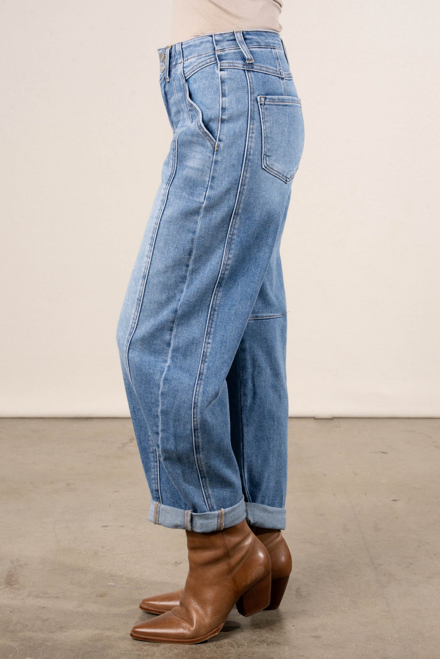 Risen Denim | Juno Mid Rise Rolled Cuff Barrel Jeans