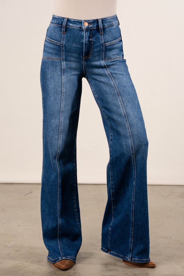 Risen Ramona Mid Rise Patch Pocket Wide Leg Jeans
