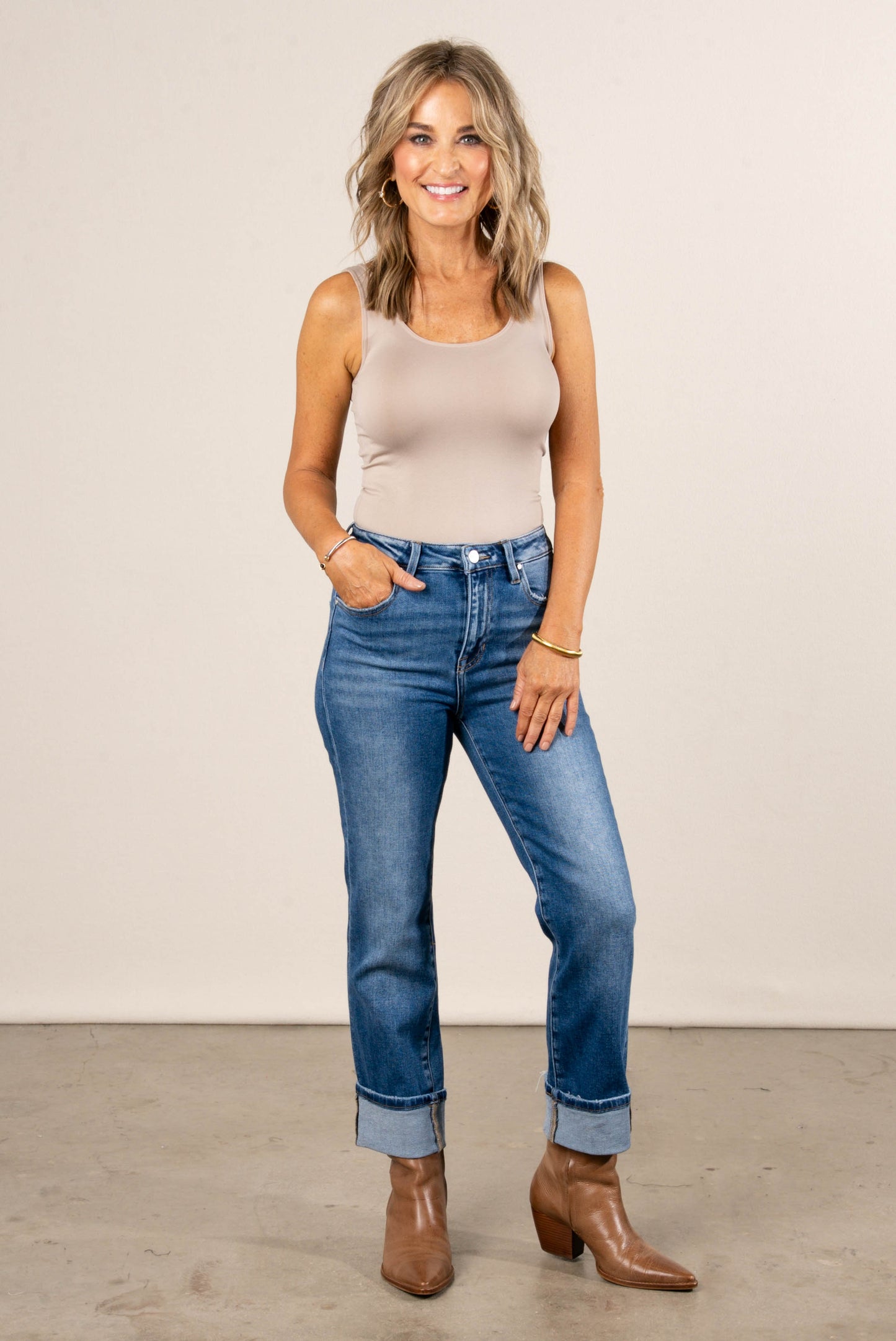 Risen Denim | Liz High Rise Cuffed Straight Leg Jeans