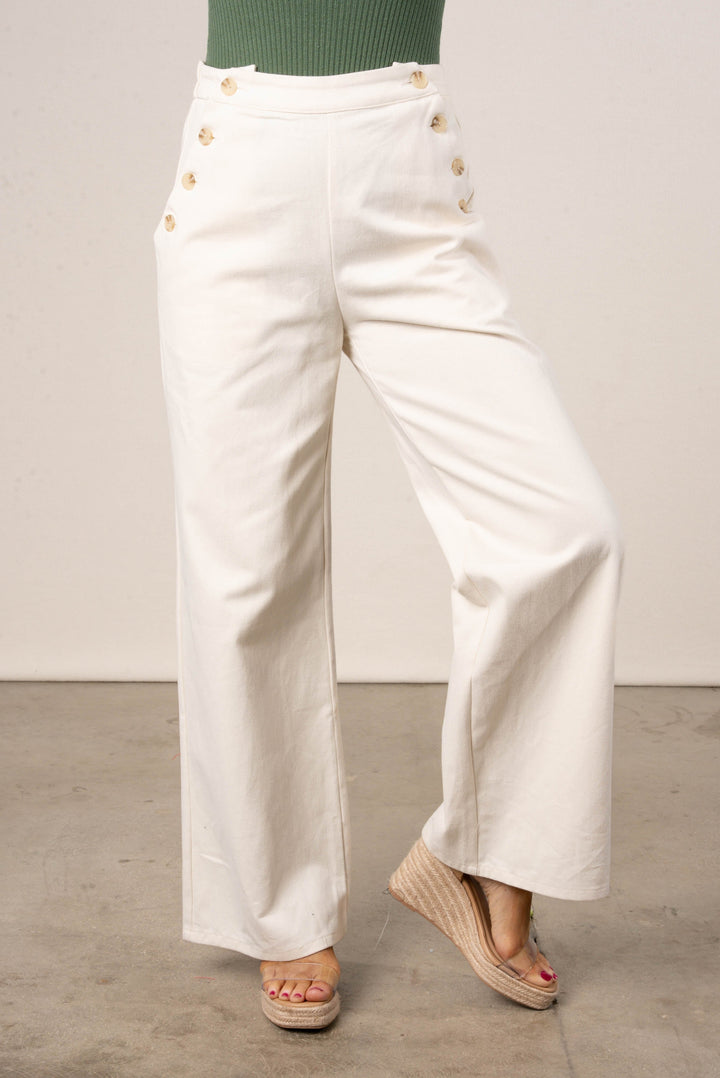 Twill Side Button Wide Leg Pants