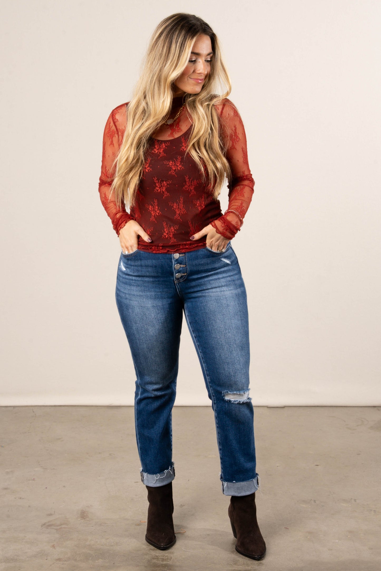 Flower Child Sheer Mesh Thumbhole Cuff Top