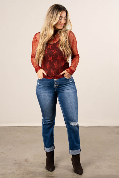 Flower Child Sheer Mesh Thumbhole Cuff Top