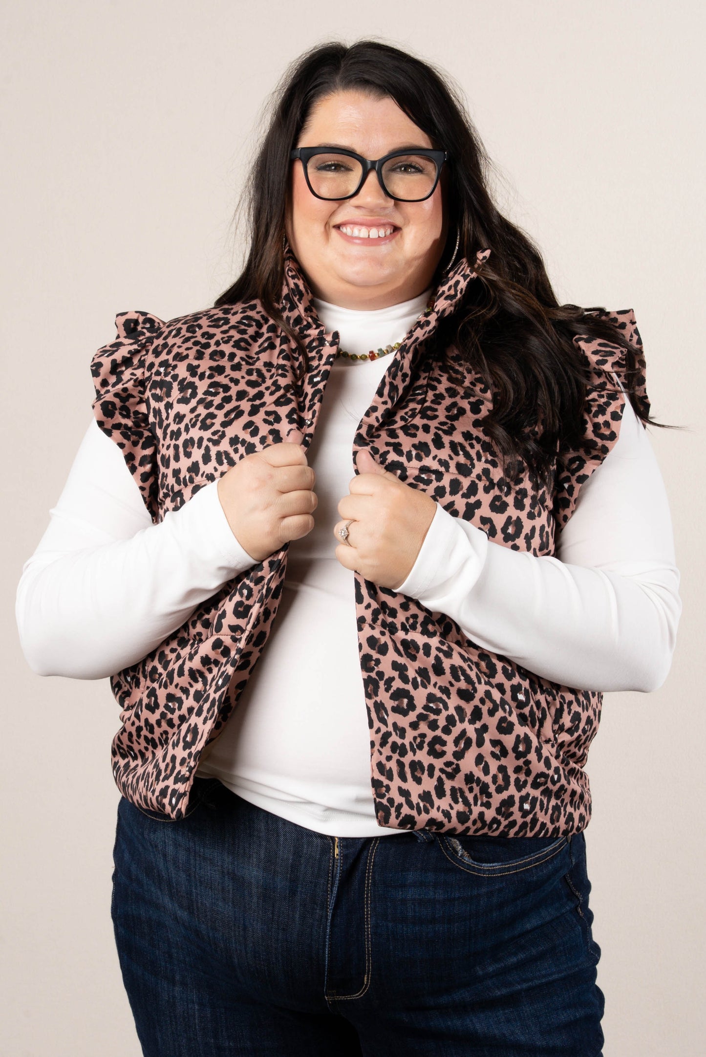 Havanah Leopard Quilted Ruffle Shoulder Vest