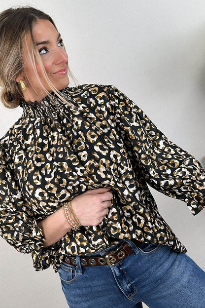 Jovie Leopard Pleated Smocked Neck Blouse
