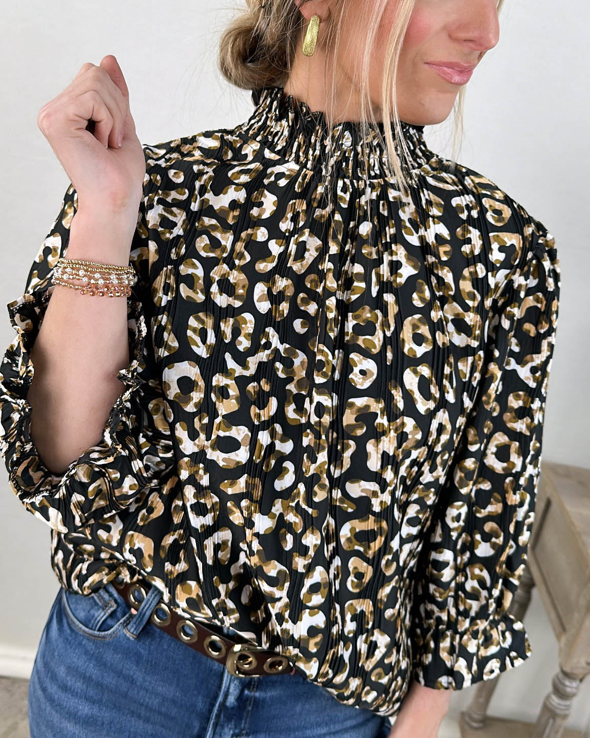 Jovie Leopard Pleated Smocked Neck Blouse