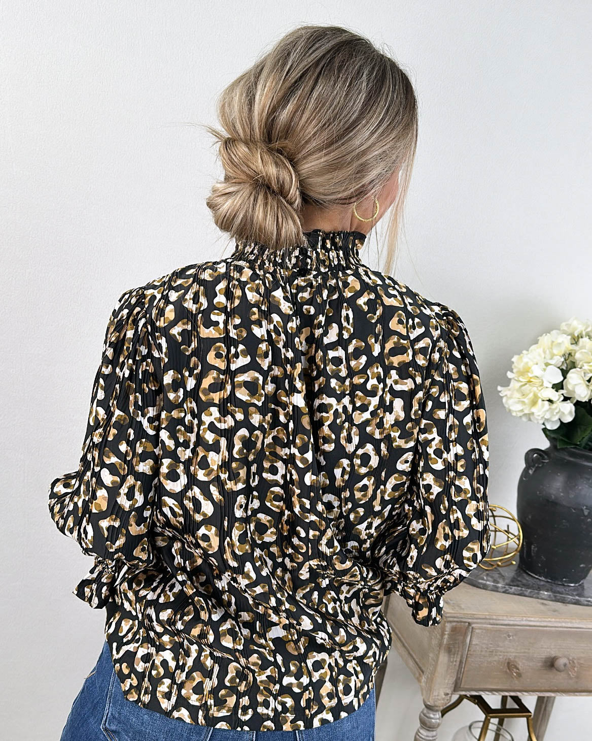 Jovie Leopard Pleated Smocked Neck Blouse