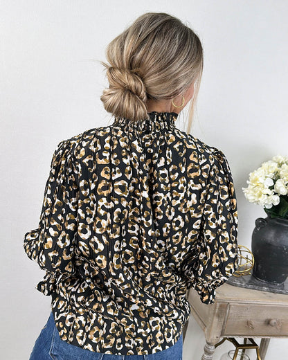 Jovie Leopard Pleated Smocked Neck Blouse
