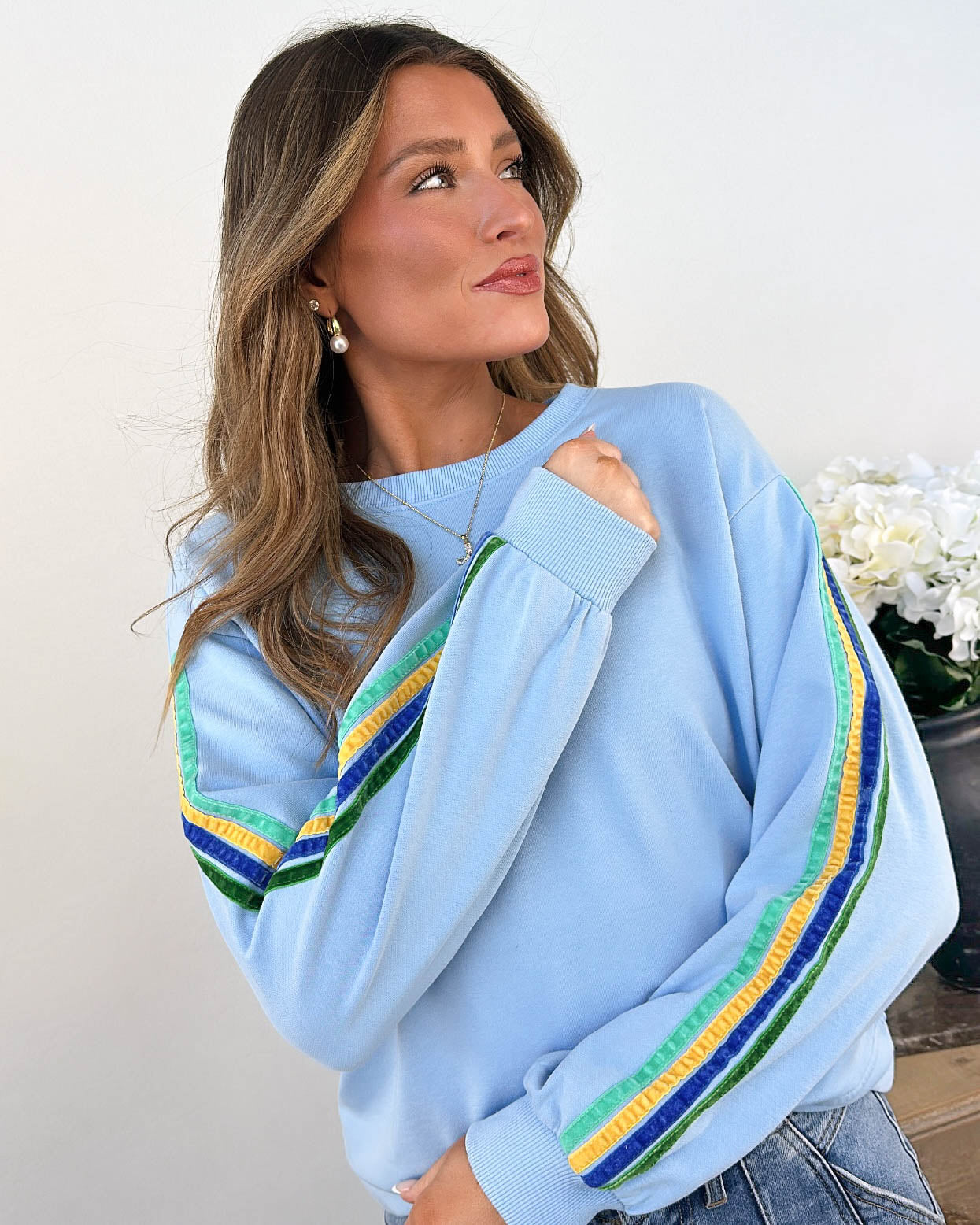 City Stroll Velvet Striped Sleeve Pullover