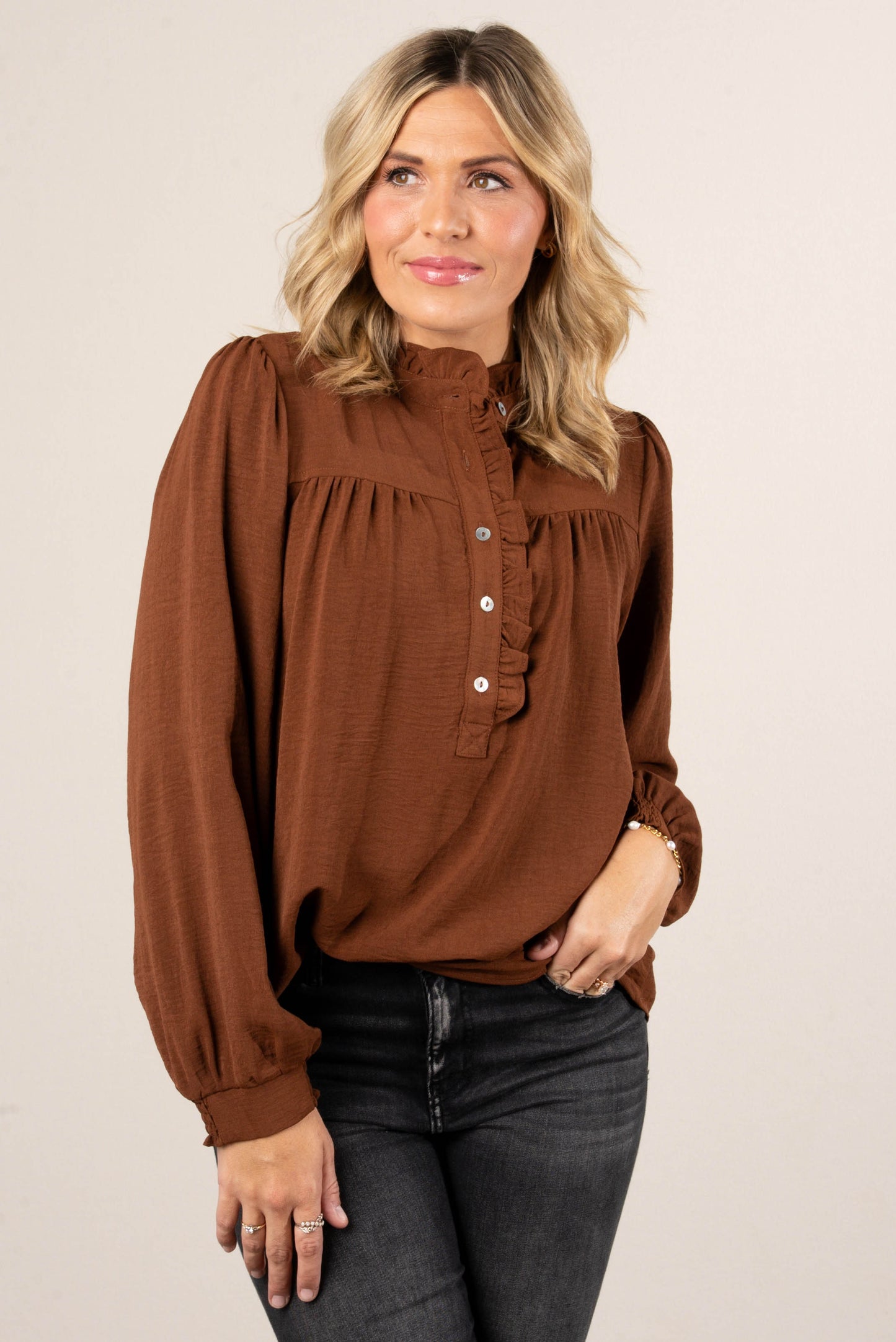 Melrose Ruffled Half Button Blouse