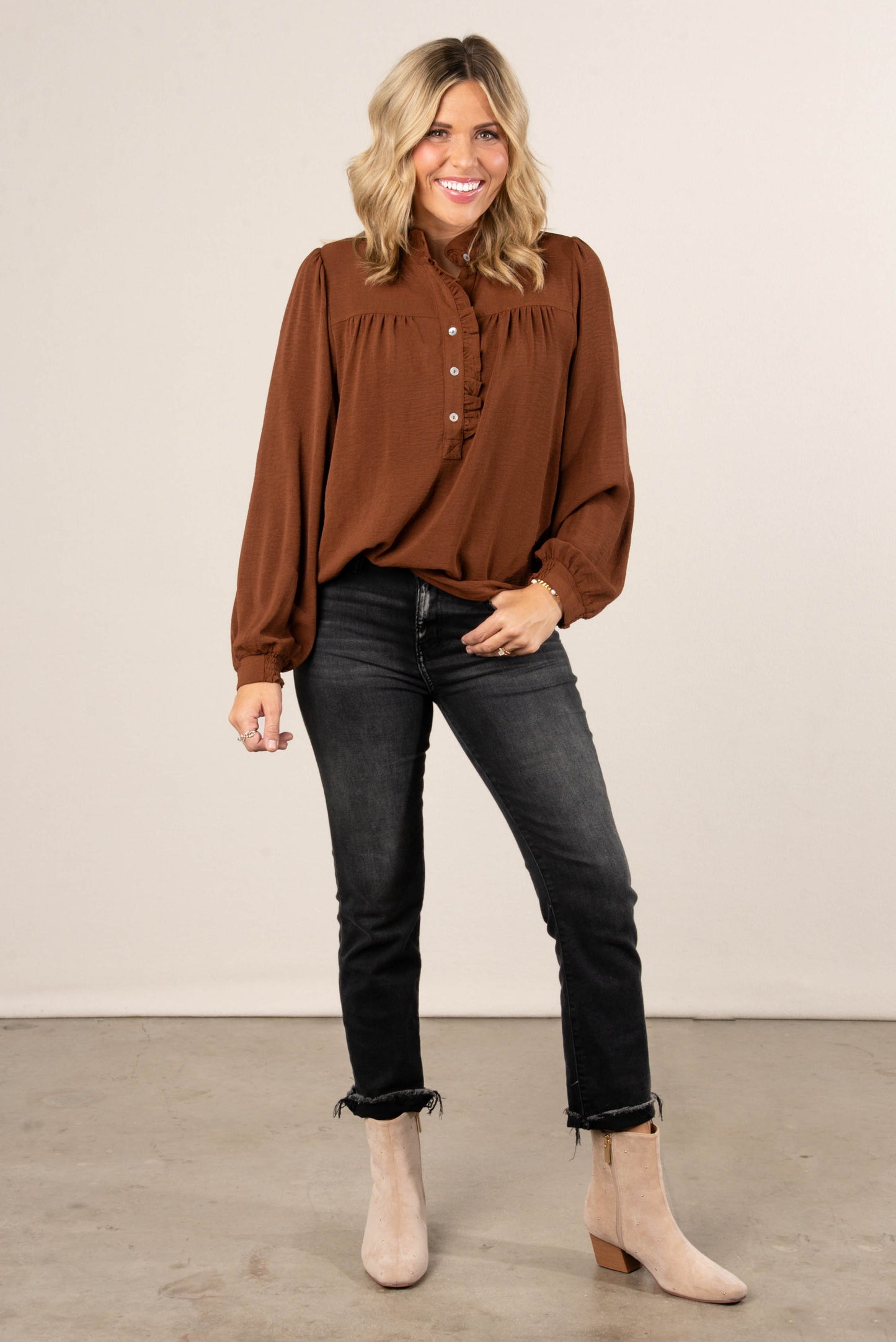 Melrose Ruffled Half Button Blouse