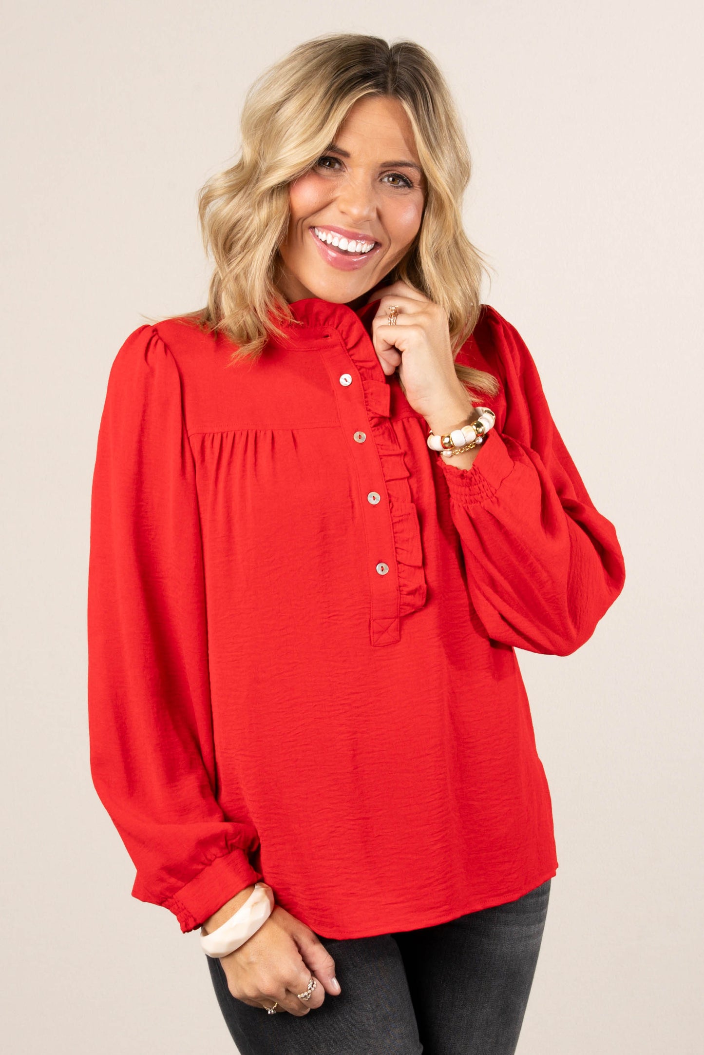 Melrose Ruffled Half Button Blouse