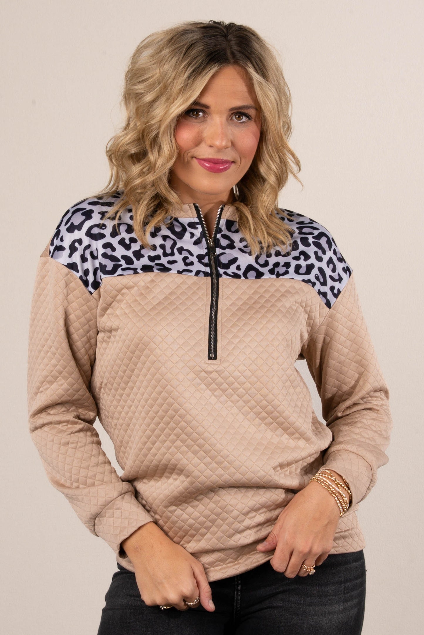 Wild Side Leopard Bodice Quarter Zip Top