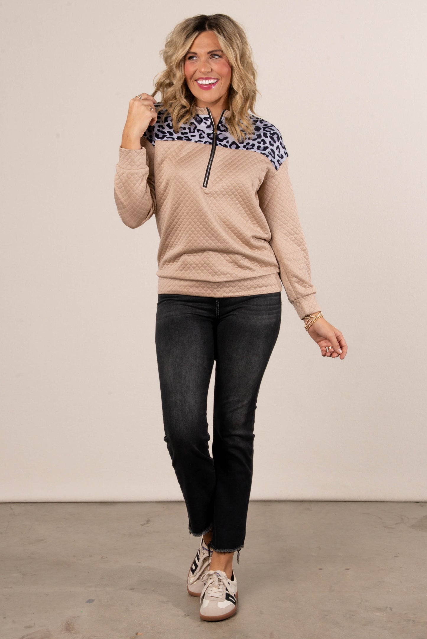 Wild Side Leopard Bodice Quarter Zip Top