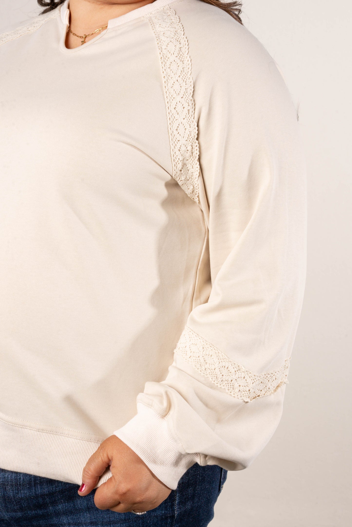 All About That Lace Notch Neck Sweatshirt