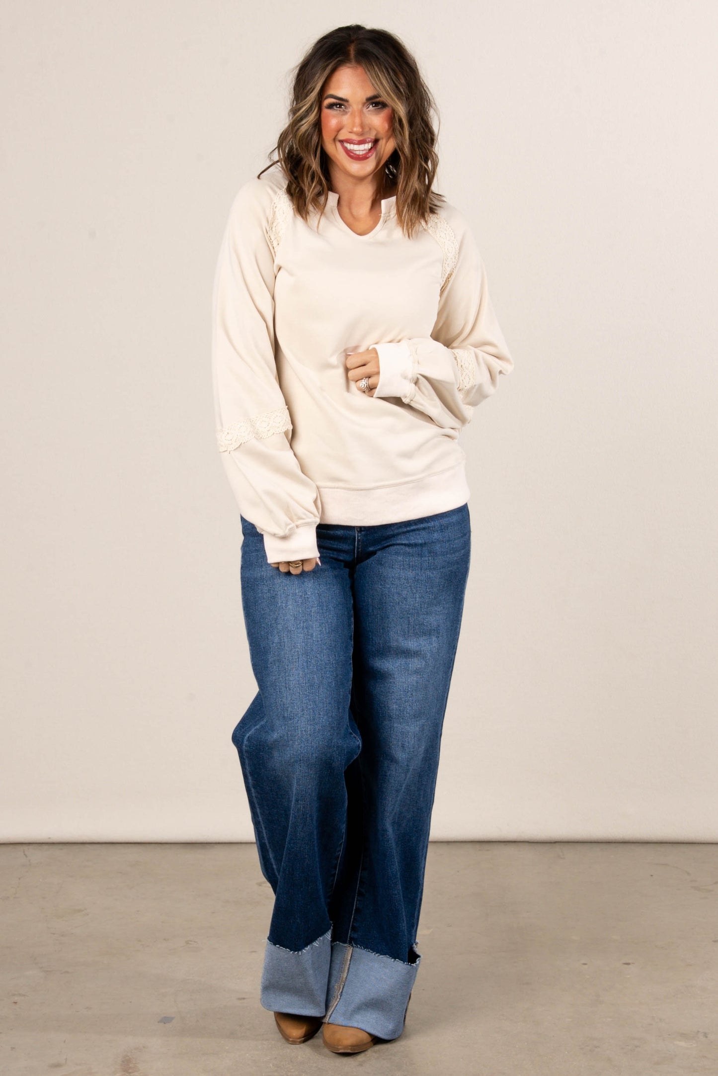 All About That Lace Notch Neck Sweatshirt