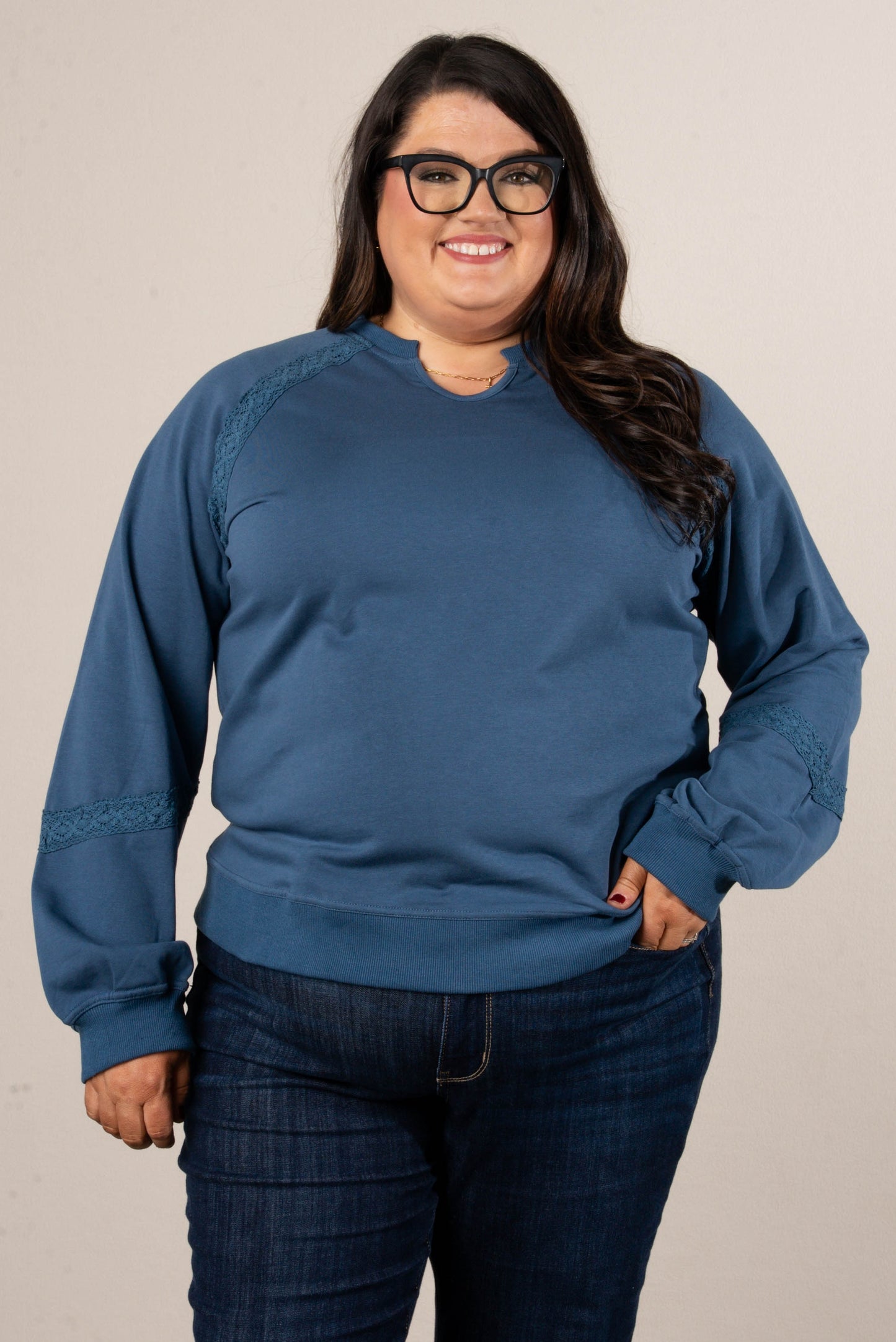 All About That Lace Notch Neck Sweatshirt