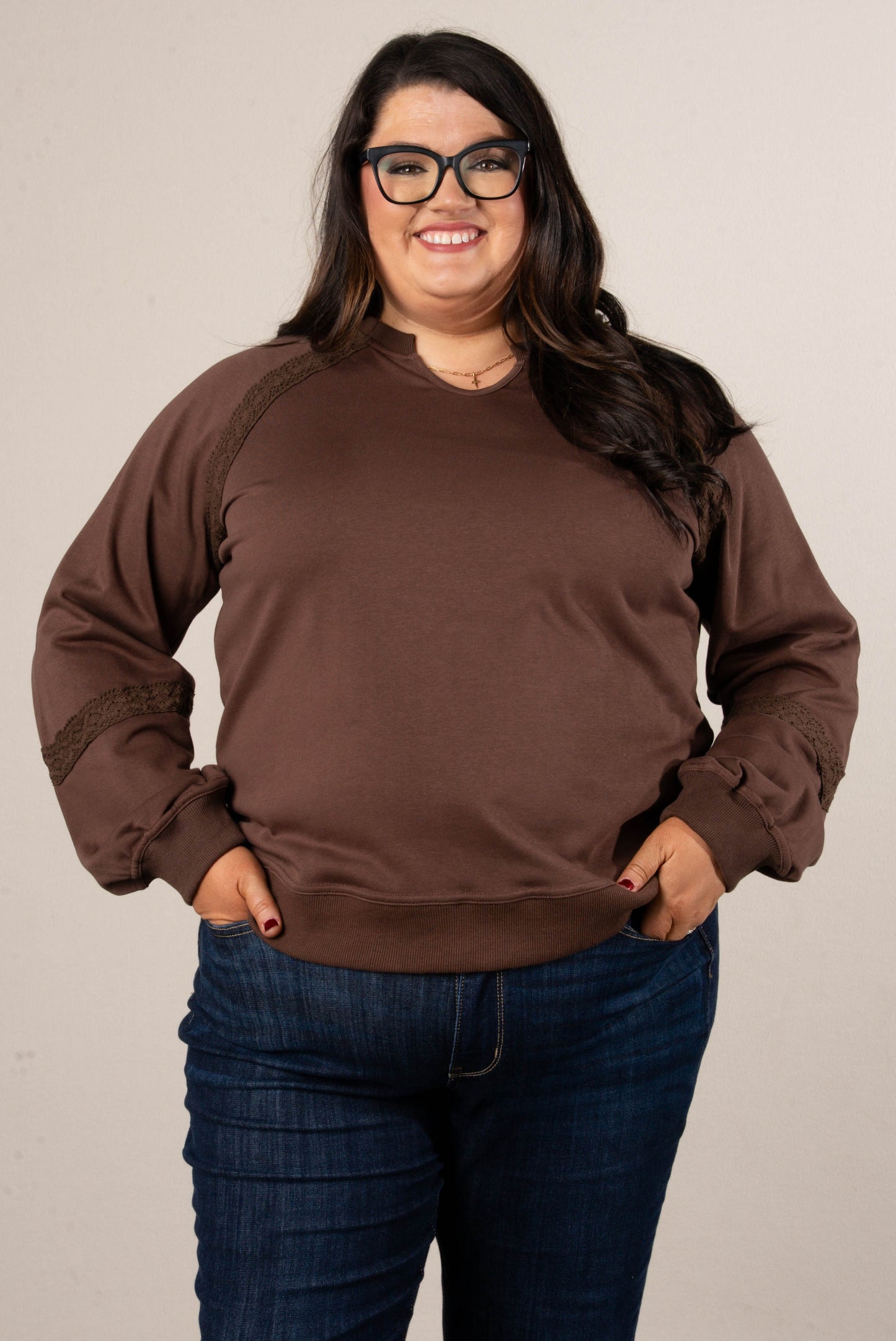 All About That Lace Notch Neck Sweatshirt