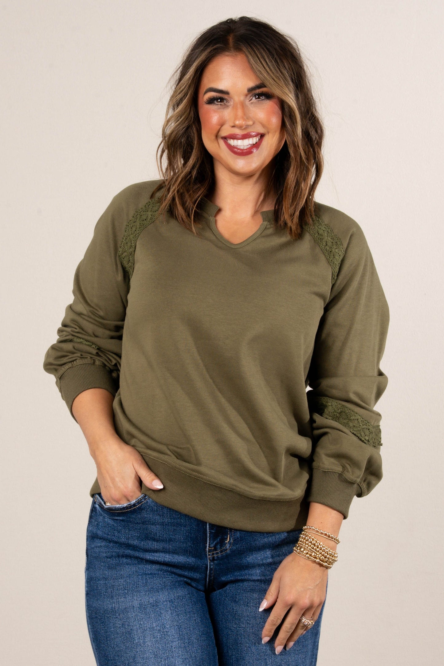 All About That Lace Notch Neck Sweatshirt