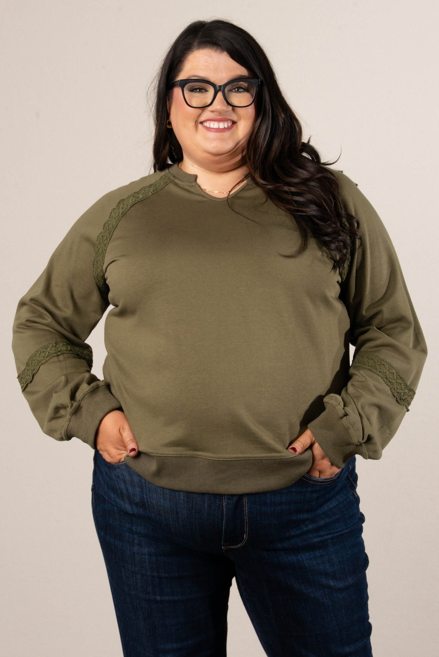 All About That Lace Notch Neck Sweatshirt