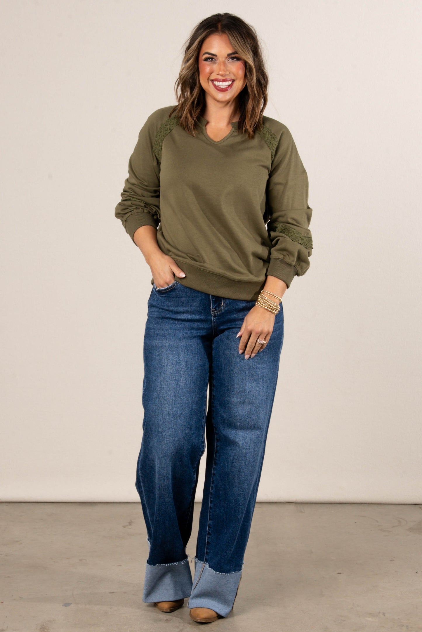 All About That Lace Notch Neck Sweatshirt