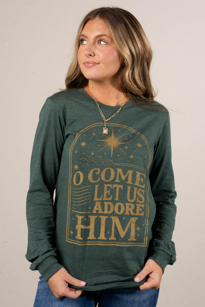 O Come Let Us Adore Him Long Sleeve Graphic Tee