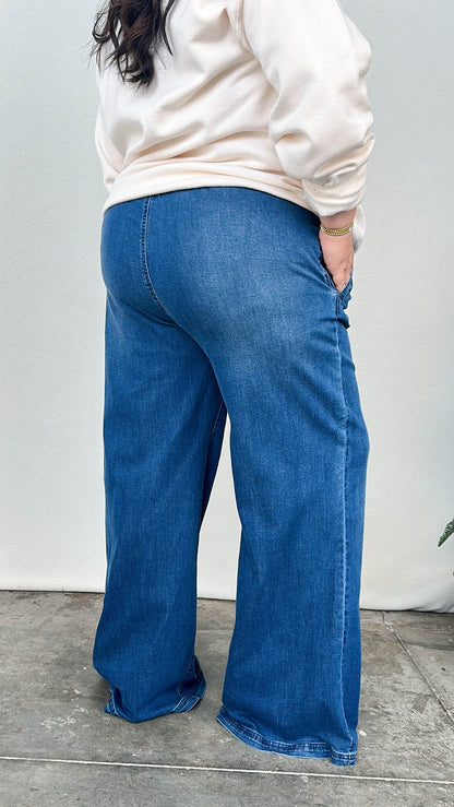 Risen Denim | Lennox Mid Rise Wide Leg Pull On Jeans