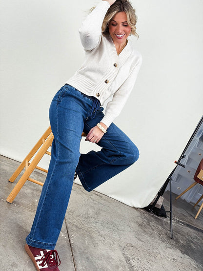 Risen Denim | Lennox Mid Rise Wide Leg Pull On Jeans