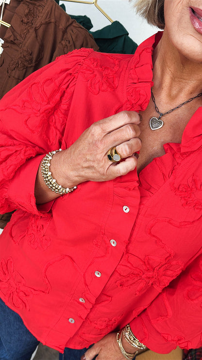 Rosemary Floral Embroidered Ruffle Neck Blouse