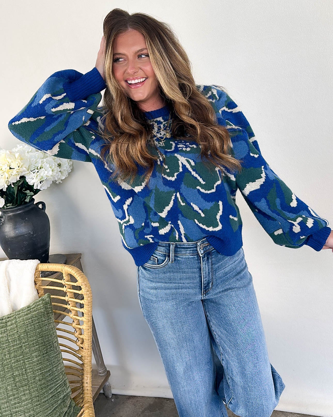 Helena Floral Pleated Shoulder Sweater