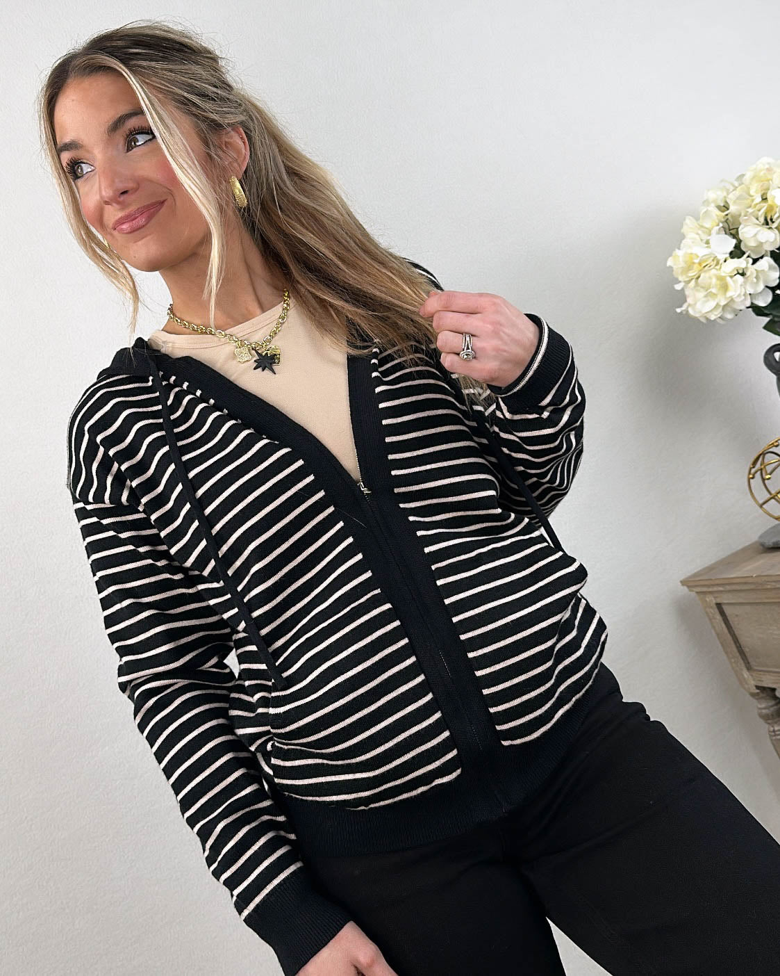 Clover Striped Zip Up Hooded Sweater