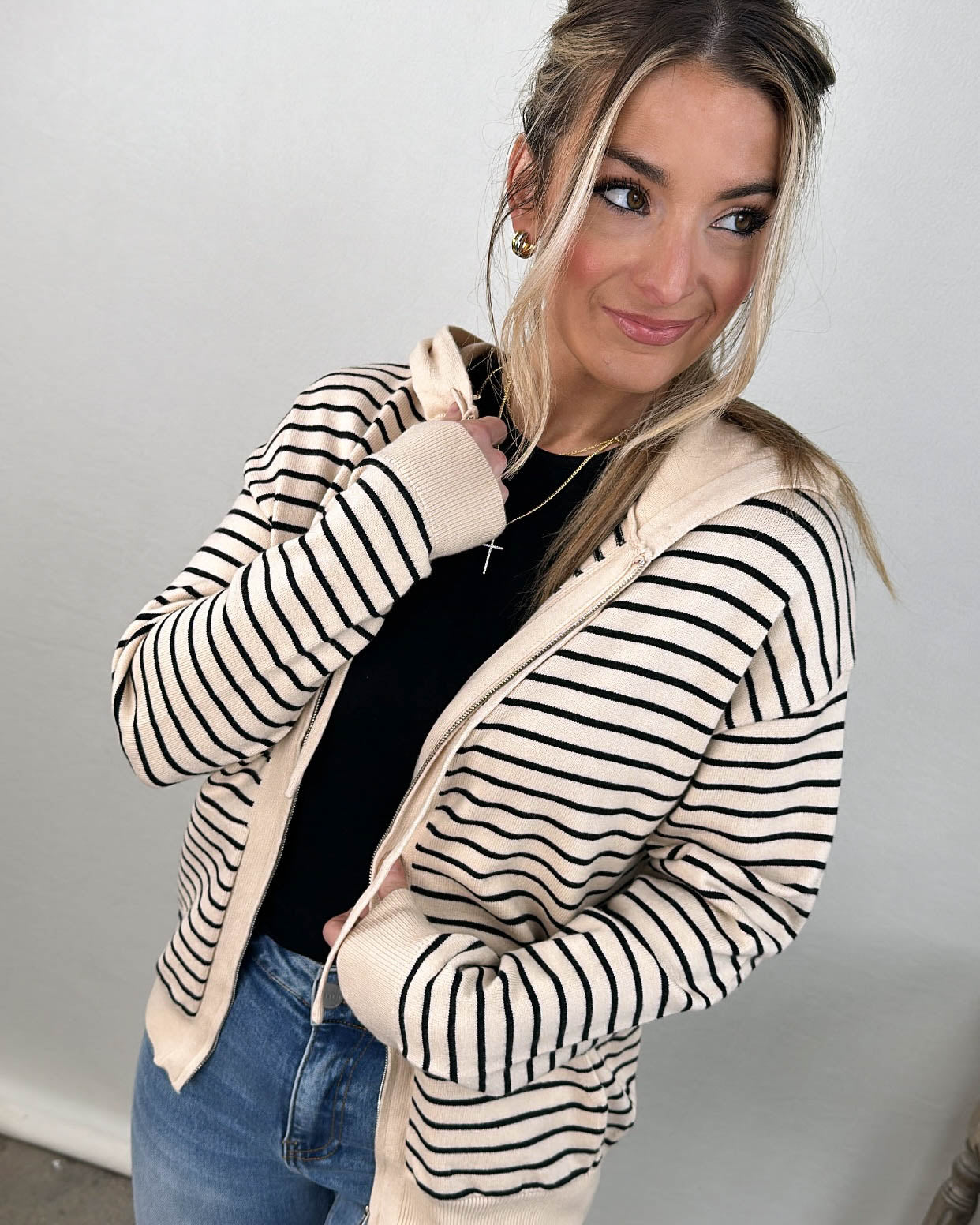 Clover Striped Zip Up Hooded Sweater