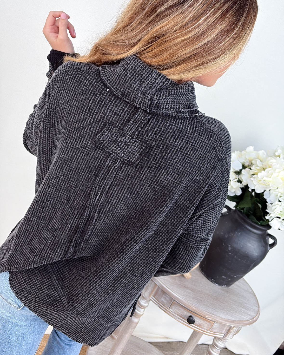 Constance Waffle Knit Raw Seamed Turtleneck Top