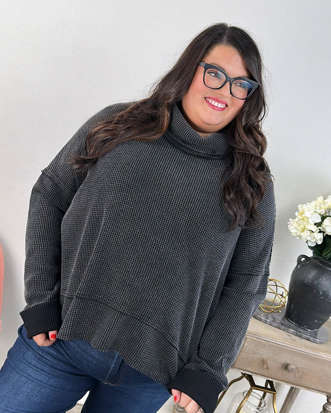 Constance Waffle Knit Raw Seamed Turtleneck Top