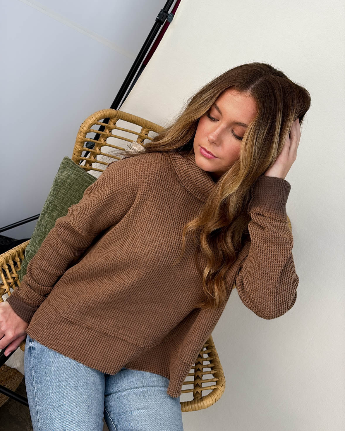 Constance Waffle Knit Raw Seamed Turtleneck Top