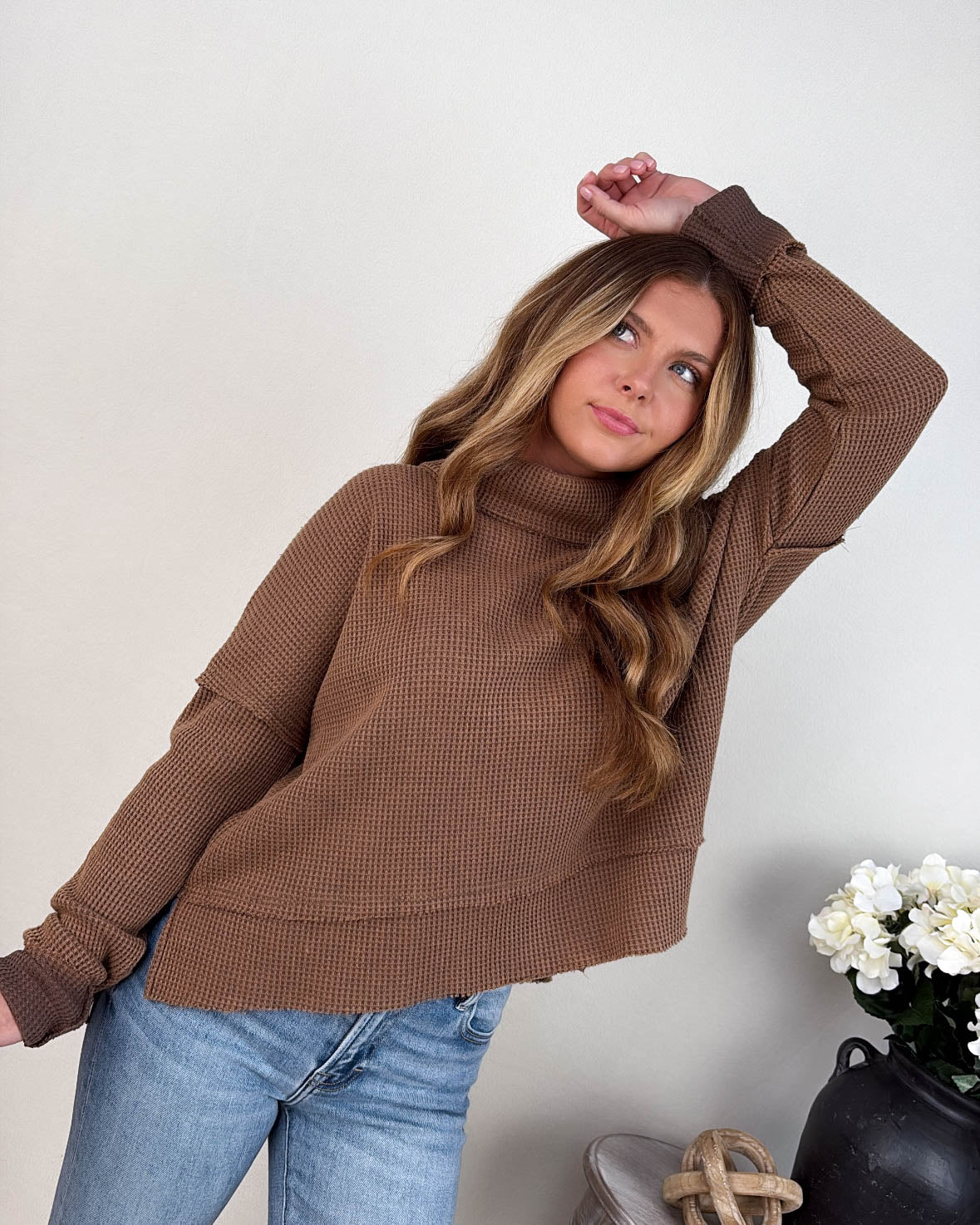 Constance Waffle Knit Raw Seamed Turtleneck Top